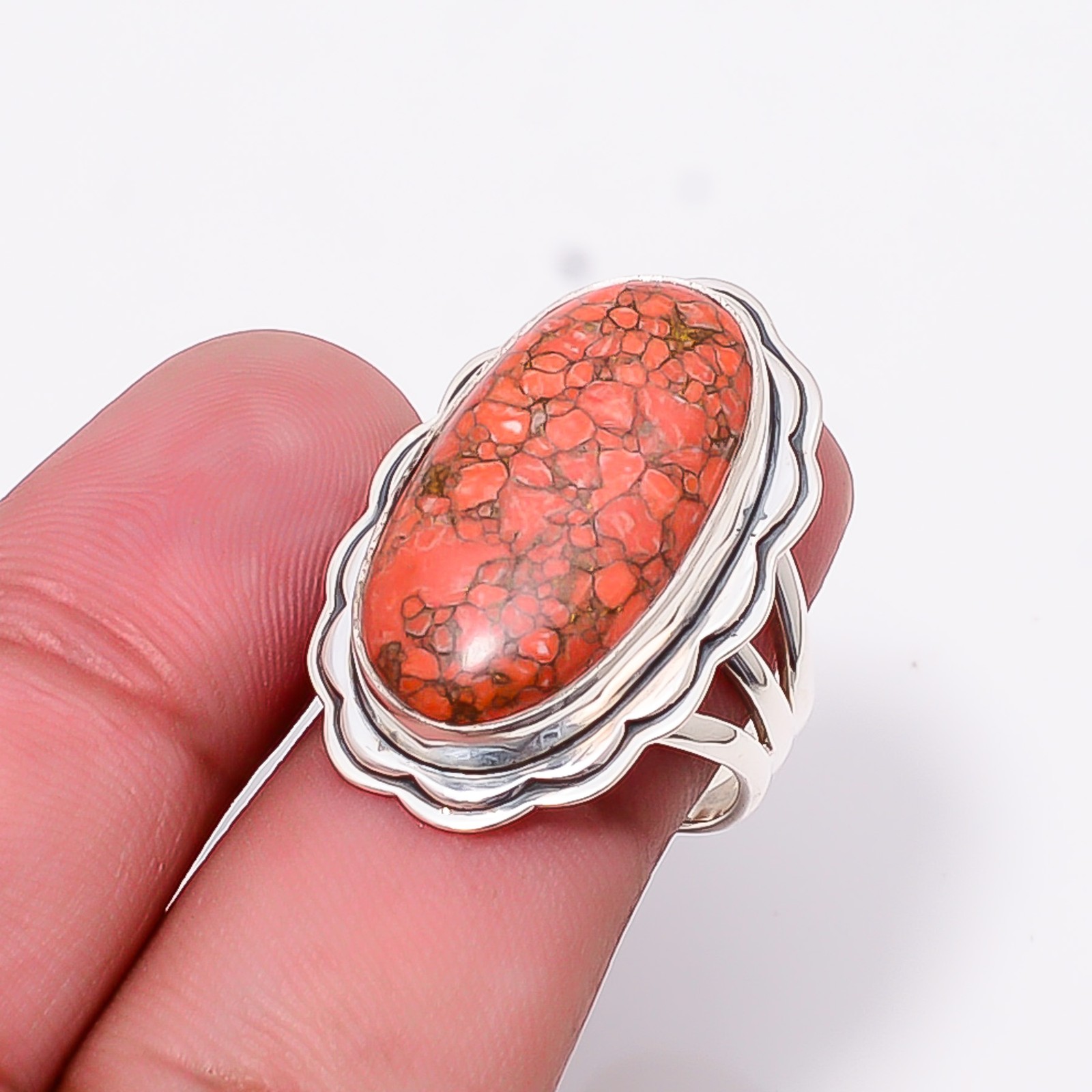Copper Red Turquoise Sterling Silver Bold Oval Statement Ring S.7.5 R12516