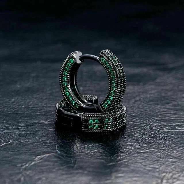 Men's Hoop Earrings 2Ct Round Lab-Created Green Emerald 14K Black Gold Plated - Image 2 of 4