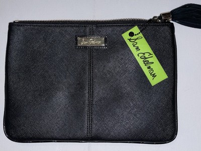 Sam Edelman Black Faux Leather Zip Clutch Bag Pouch NWT Tassel Accent Large