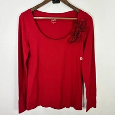 Loft Floral Applique Top Womens M Red Cotton Romantic Coquette Soft Girl Chic