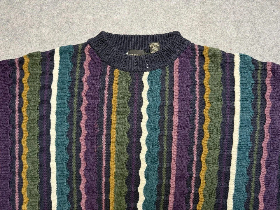 Vintage Structure Sweater Mens Large Multicolor 3D Knit Crewneck Wavy Stripe 90s - Image 2 of 4
