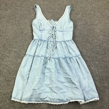 Aeropostale Dress Juniors Medium Blue Denim Smocked Lace Trim V Neck Sundress