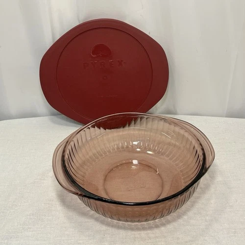 Vintage Cranberry Glass Pyrex 2 Qt Ribbed Bowl With Plastic Storage Lid 024S 10"