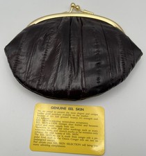 Genuine Eel Skin Coin Purse Double Kiss Clasp Brown/Dark brown 7" by 5"