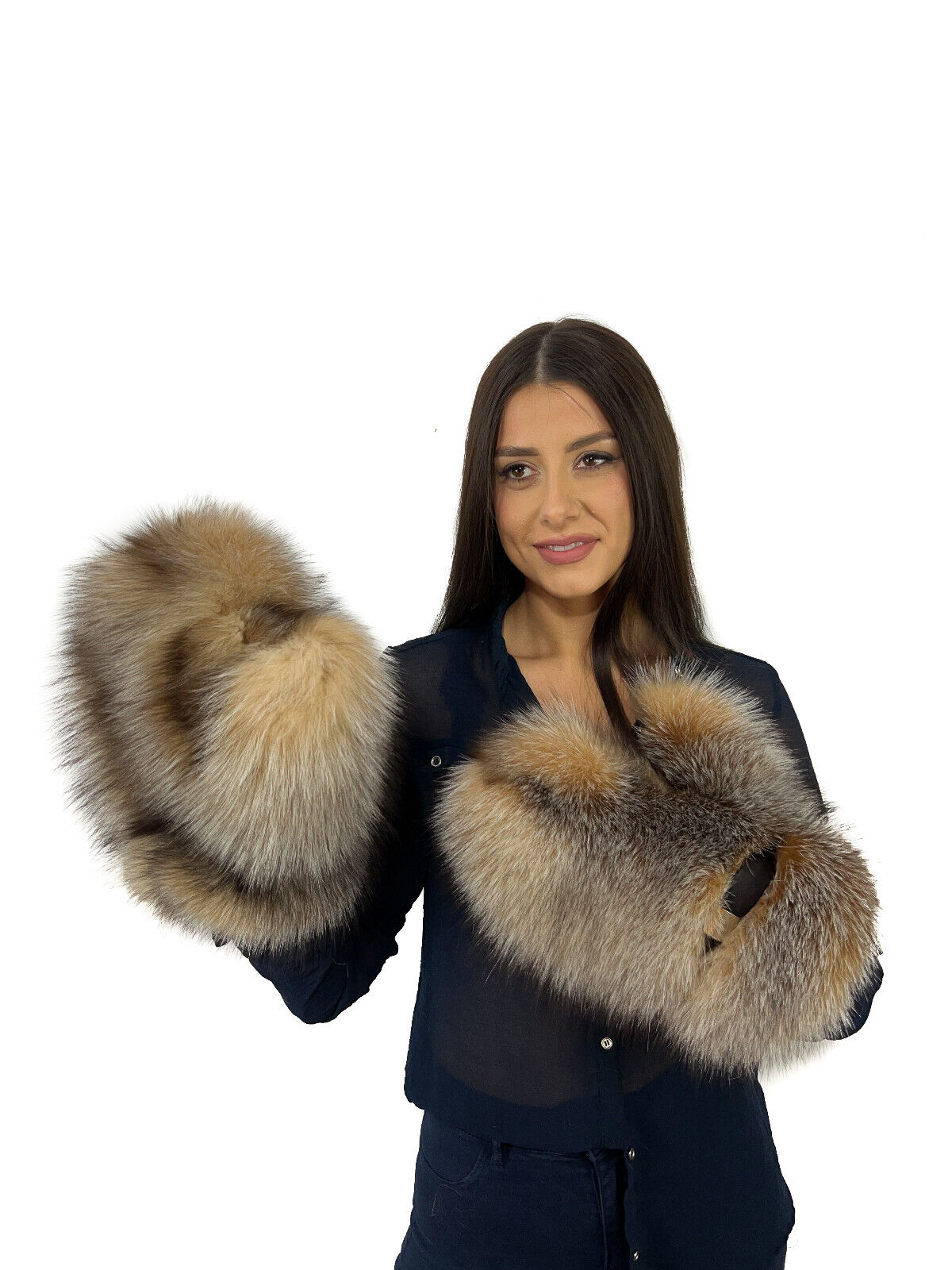 Crystal Fox Fur Mittens Saga Furs amber Blue Frost Fur Regular Size Full Fur