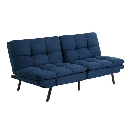 Memory Foam Futon w/Adjustable Armrests, Converts to Sleeper, Blue Faux Suede - Picture 8 of 11