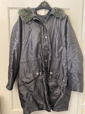 Joanna Hope Grey Parka Raincoat Size 14 Faux Fur Hood Quilted Jacket