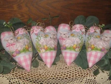 Cottage Decor 4 Lamb Hearts Bowl Fillers Handmade Gift Easter Pink Check Fabric