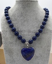 Blue Lapis Lazuli Necklace 6/8/10/12mm Round Gemstone Beads Heart Pendant 14-32"