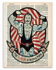 Upcycled Dictionary Art - Circus Strongman - 8.5x11 Inspiring Gift Under $20