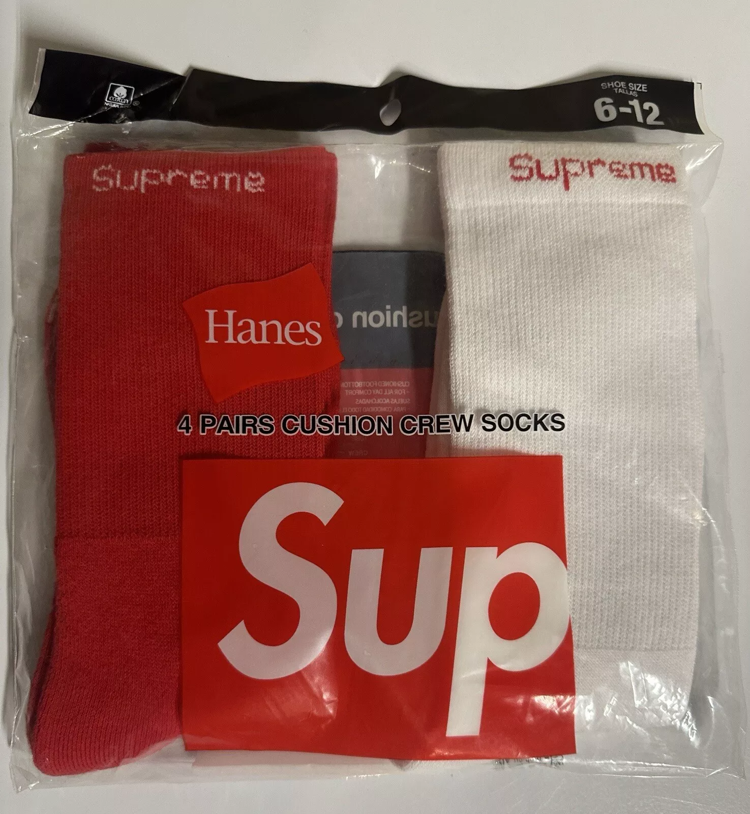 Lot de 2 paires de chaussettes col rond homme Supreme Hanes blanches et rouges 6 12 !