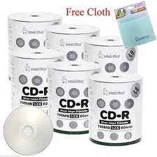 600 SmartBuy CD-R 52X Silver Inkjet Hub Printable Disc + FREE Micro Fiber Cloth