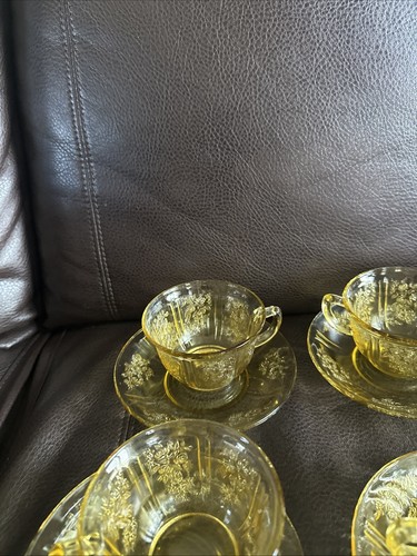VTG Amber Federal Glass Sharon Cabbage Rose Coffee Tea Cup & Saucer Sets X 6 - Picture 7 of 22