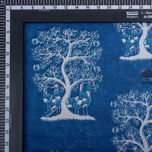 Indigo Blue Tree Motifs Printed Cotton Fabric, summer women dressmaking Fabric - Picture 3 of 4