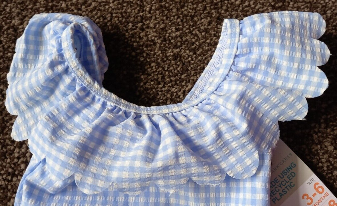 PRIMARK Baby Swim Costume 36M Blue & White Check Semi Lined New With