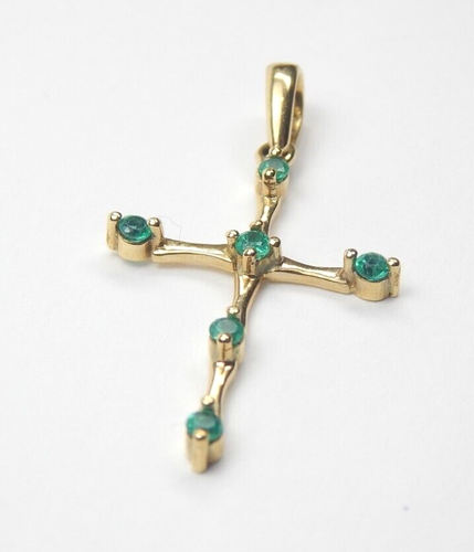 Colombian Emerald Cross Pendant 0.24 Cts 18K Yellow Gold Jewelry Muzo Mines - Picture 9 of 14