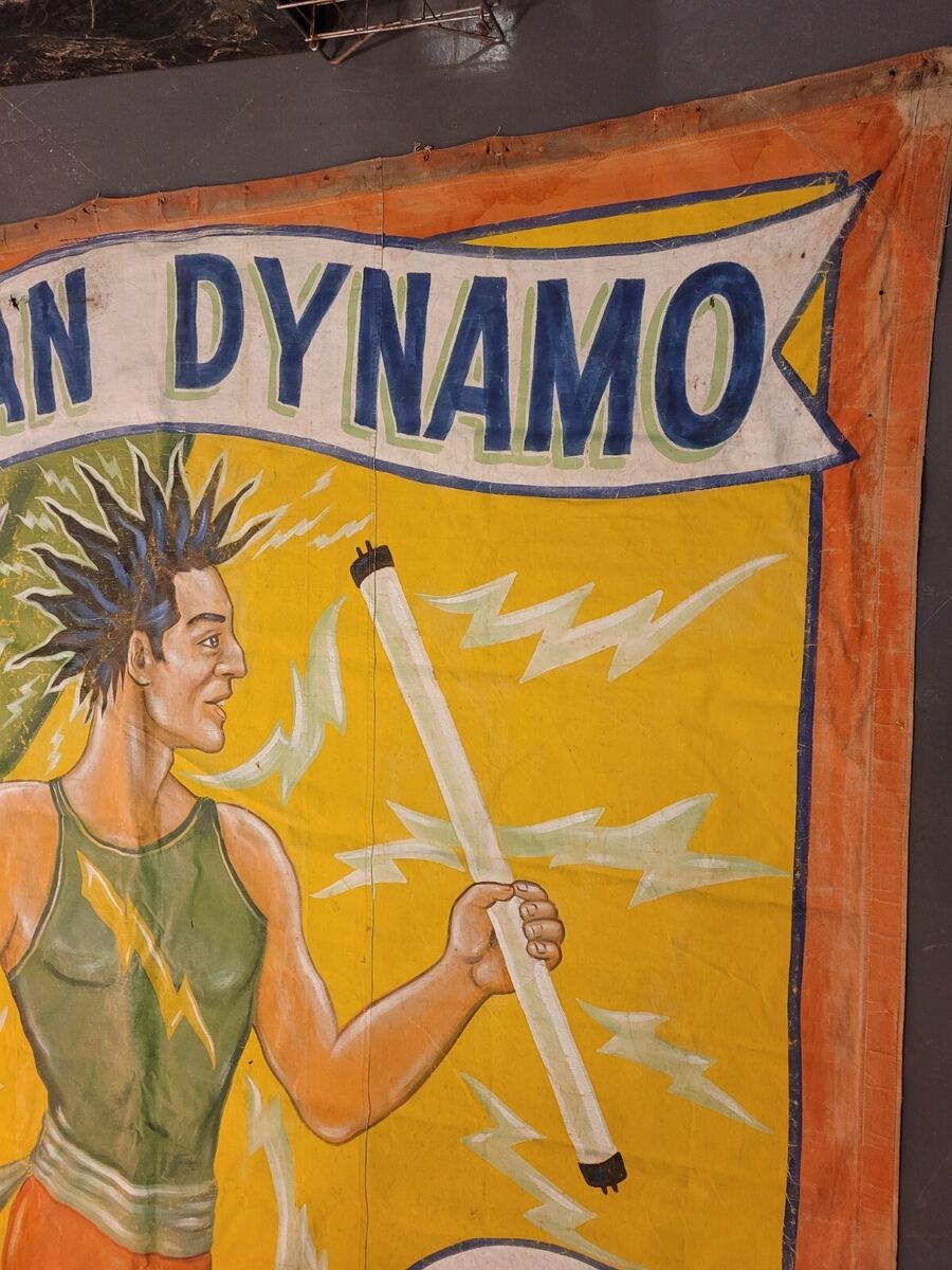 Human Dynamo 1950s Circus Sideshow Banner by J. Sigler Folk Human Dynamo 1950s Circus Sideshow Banner by J. Sigler Folk
