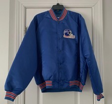 Vtg 80s NFL New York Giants Chalk Line Bomber Jacket Blue Satin Adult Size XL