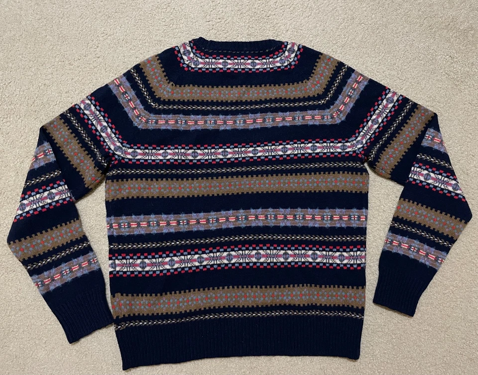 J.CREW Fair Isle Sweater Men's Large Blue Brown Lambs Wool Crew Neck Nordic NWT - Image 3 of 4