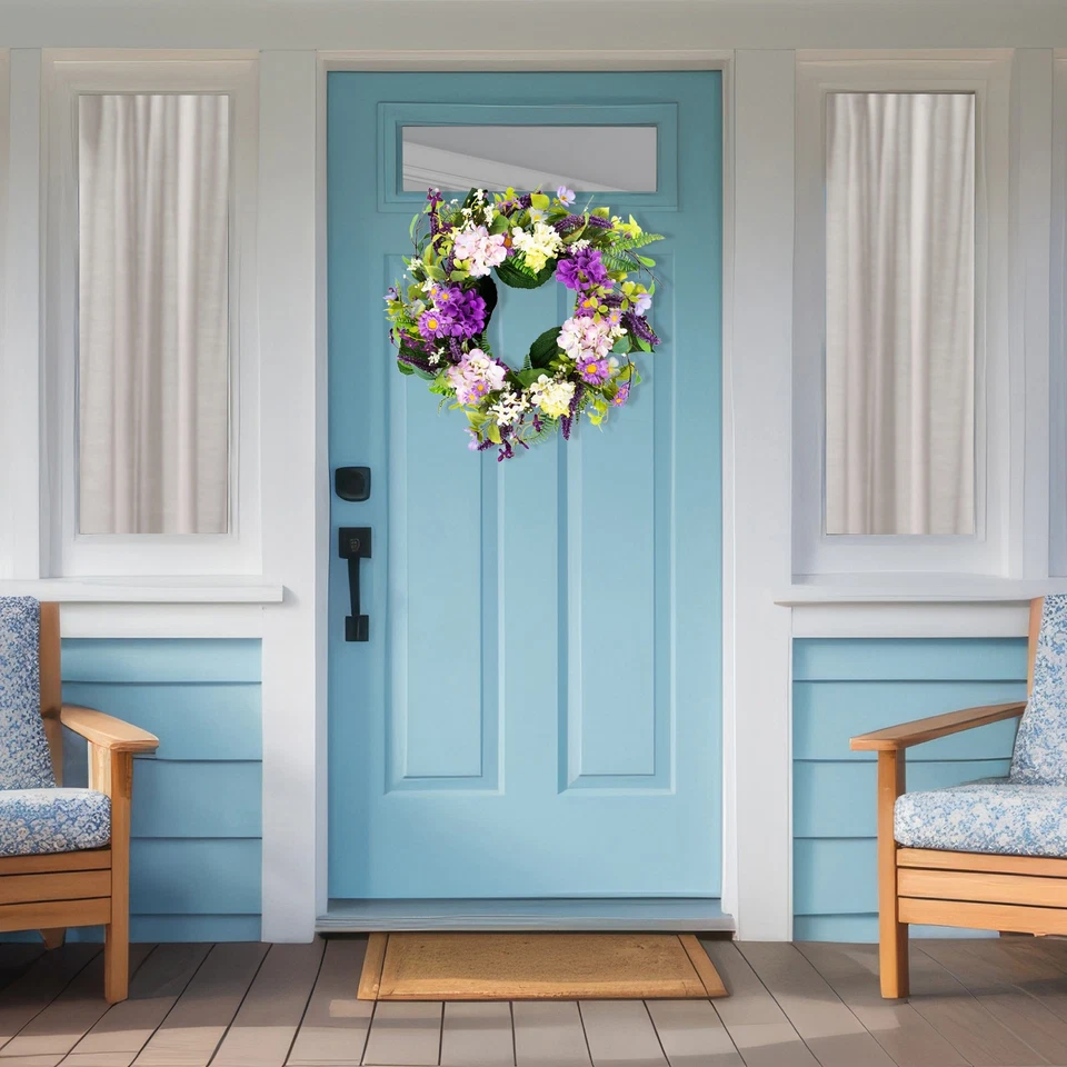 Corona ramita floral de primavera Northlight hortensia y follaje, púrpura 26 pulgadas Foto 3 de 4