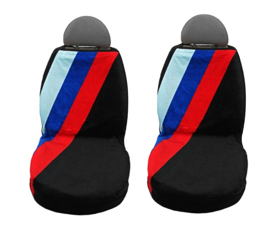Fundas de asiento de auto delanteras Seat Armour de 2 piezas con tela de felpa negra BMW tres rayas Foto 2 de 2