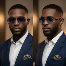 Sunglasses Rimless UV400 Protection Blue Lens Rectangular Rapper Hip Hop Style