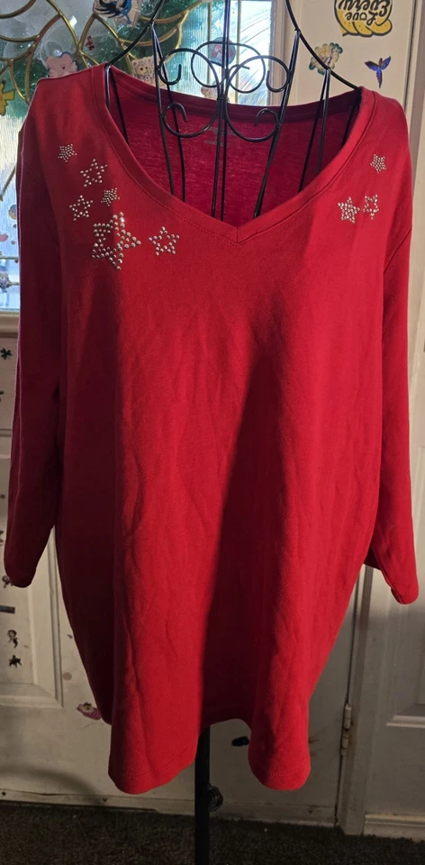 Women Studio Works Red Studded Top Shirt Stars 2X 3/4 Sleeve Vneck 100% Cotton - Image 3 of 4