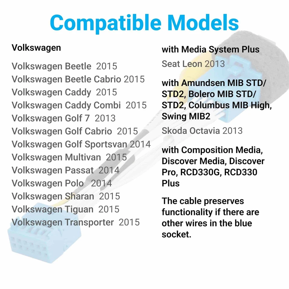 Seat Skoda Volkswagen Reverse Camera Kit With 12 Pin Cable Wire Harness - Image 2 of 4