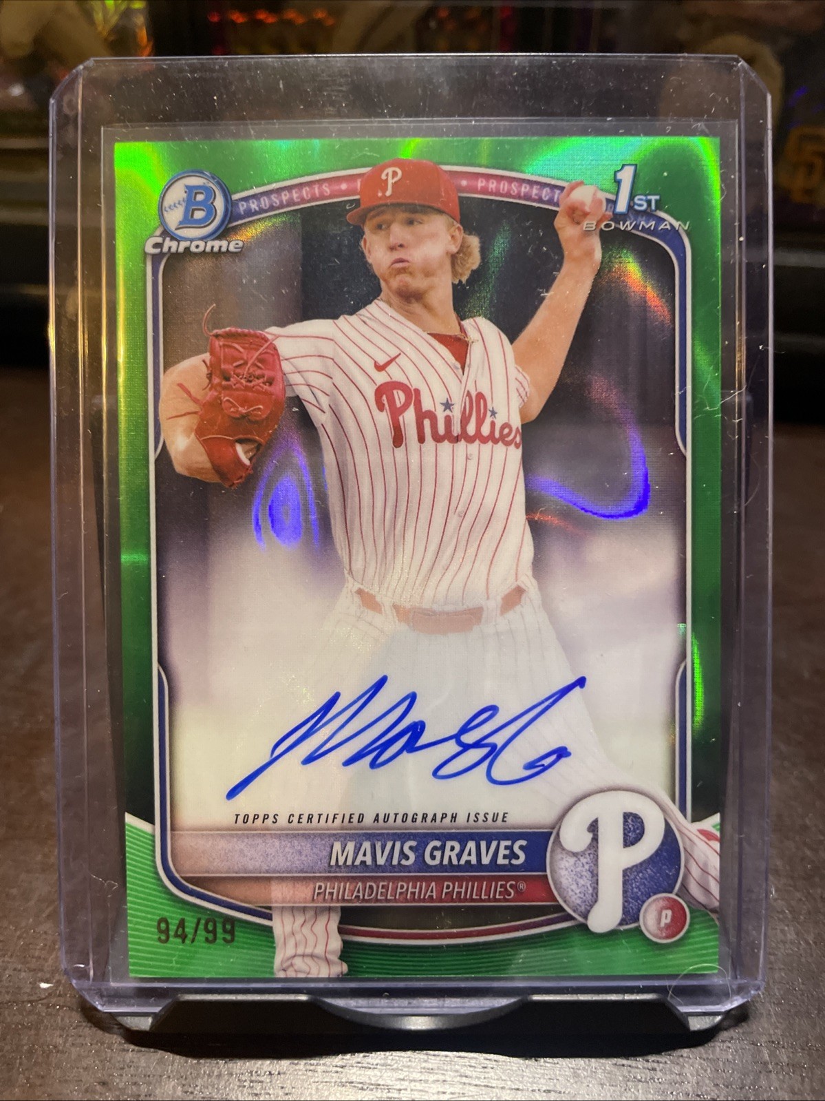 2025 Bowman Chrome Mavis Graves Auto Green Refractor 1st Prospect #/99 Phillies