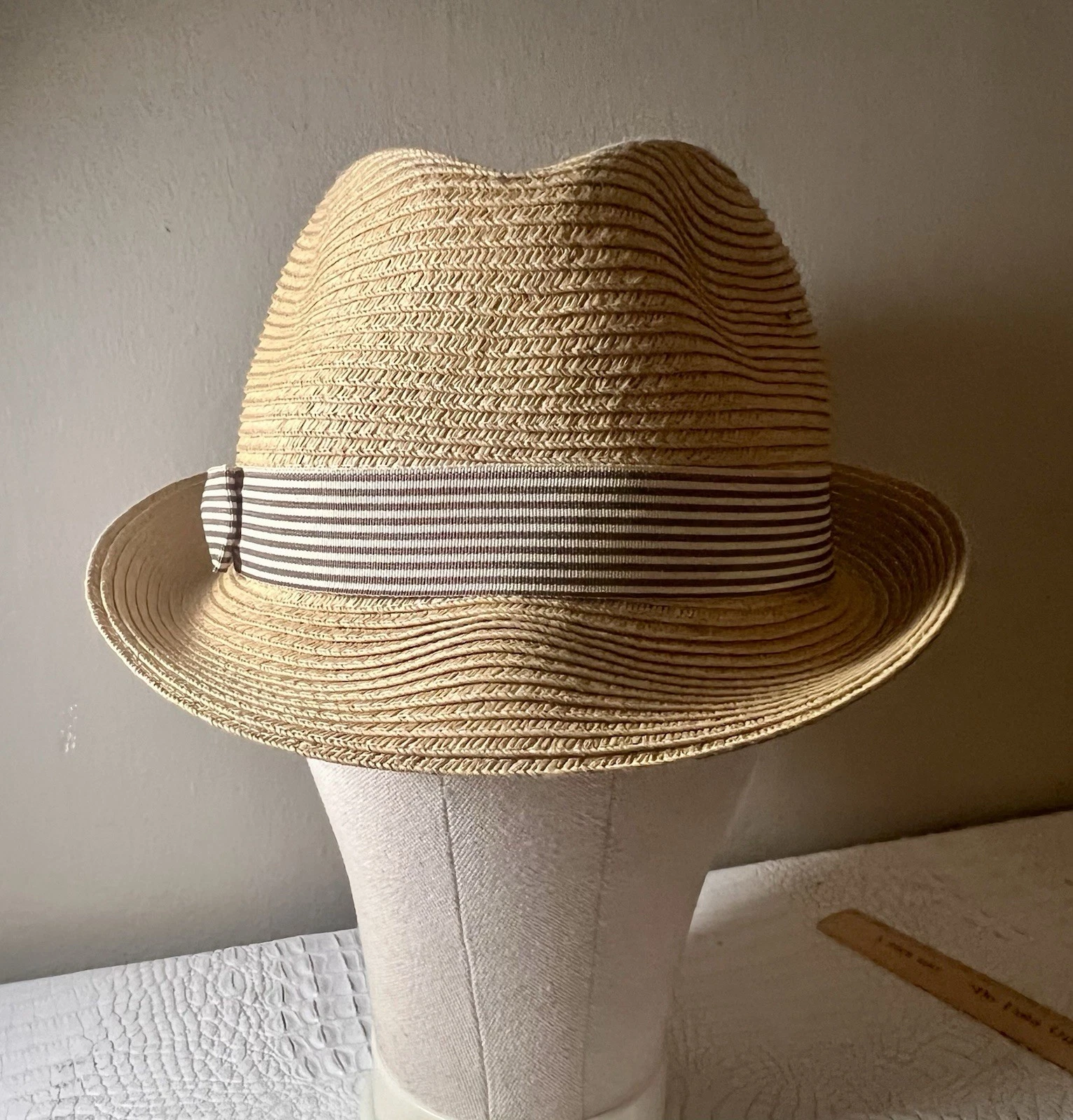 Sun N Sand Straw Fedora Hat Tan Brown Stripe Band Mens L XL Summer