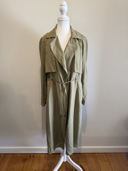 Witchery Khaki Green Fluid Trench Coat Jacket Size 10 100% Lyocell Drawstring