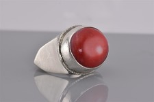 Handmade Signed Sterling Silver Bold Red Coral Statement Band Ring 17g 925 Sz: 8