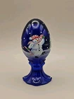 Fenton HP Cobalt Blue #4380 Jolly Snowman Pine Trees Egg Figurine W/Sticker