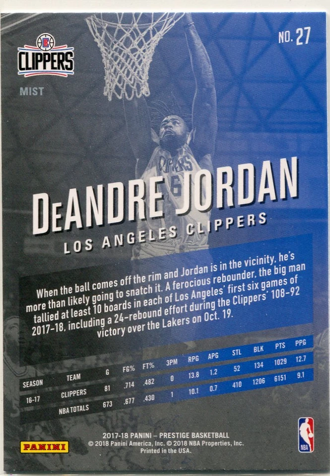 2017-18 PRESTIGE MIST PARALLELS DEANDRE JORDAN BROOKLYN NETS - H4182 - Image 2 of 2