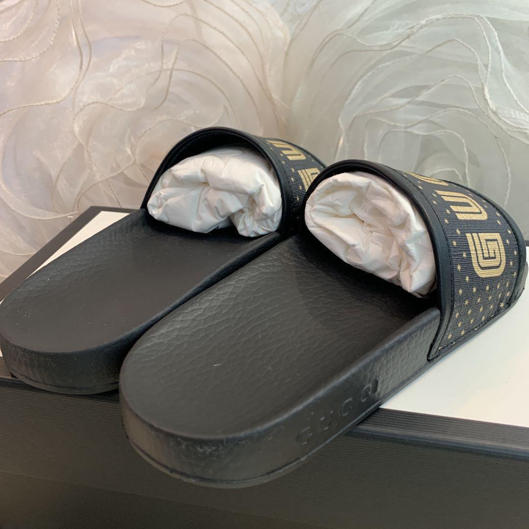 GUCCI GUCCY Print Slide Sandal 36 Black X Gold authentic GUCCI GUCCY Print Slide Sandal 36 Black X Gold authentic