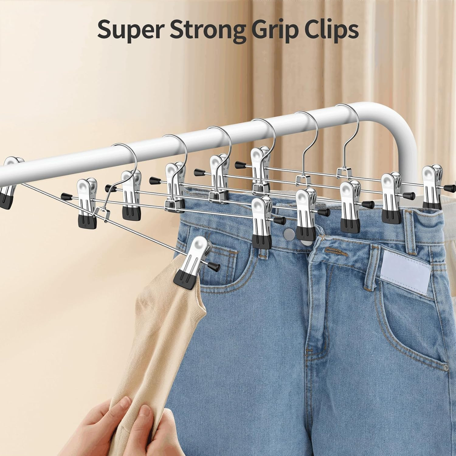 Pant Hangers, 12 Pack Skirt Hanger with Clips Metal Trouser Clip for Shorts H...