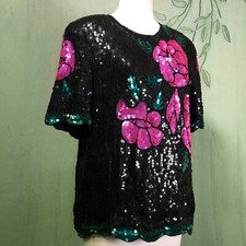 Vintage 80s 90s Silk Sequin Beaded Rose Glam Tunic Top S