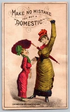 Domestic Sewing Machine Victorian Trade Card Two Women Fancy Dresses Talking
