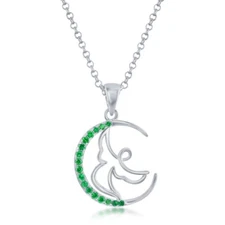 Sterling Silver Angel Crescent Moon Pendant - Green CZ