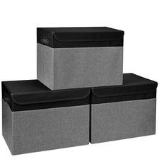 Large 17" 42 Quarts Collapsible Stackable Storage Bins with Lids 3-Pack Fol...