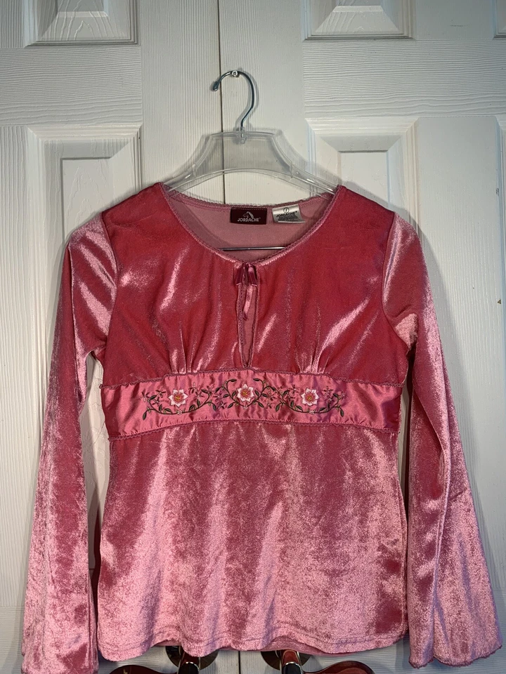 Camisa Terciopelo Niñas 14/16 Jordache Rosa Años 90 Y2K Floral Cuentas Manga Acampanada Foto 2 de 4