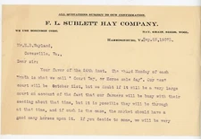1907 F.L. Sublett Hay Co. Letter Harrisonburg VA Horse Sale & Court Day Mention