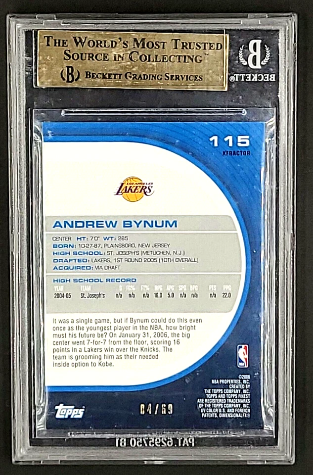 2005 Topps Finest Green Xfractor #115 Andrew Bynum RC Rookie /69 BGS 9.5 POP 7 - Image 2 of 4