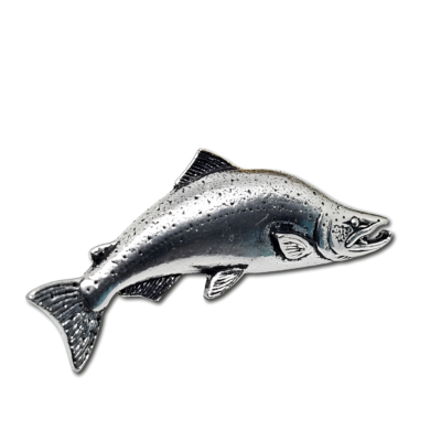 Broche épingle à saumon insigne étain pêche à la mouche pêcheur revers chapea