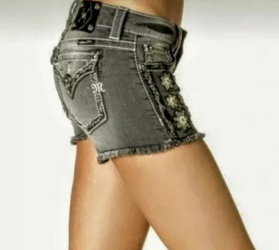 MISS ME Bling Cut-Off Shorts Sz 27 FLAP Pockets, Rhinestone Accents, Gray - NEW