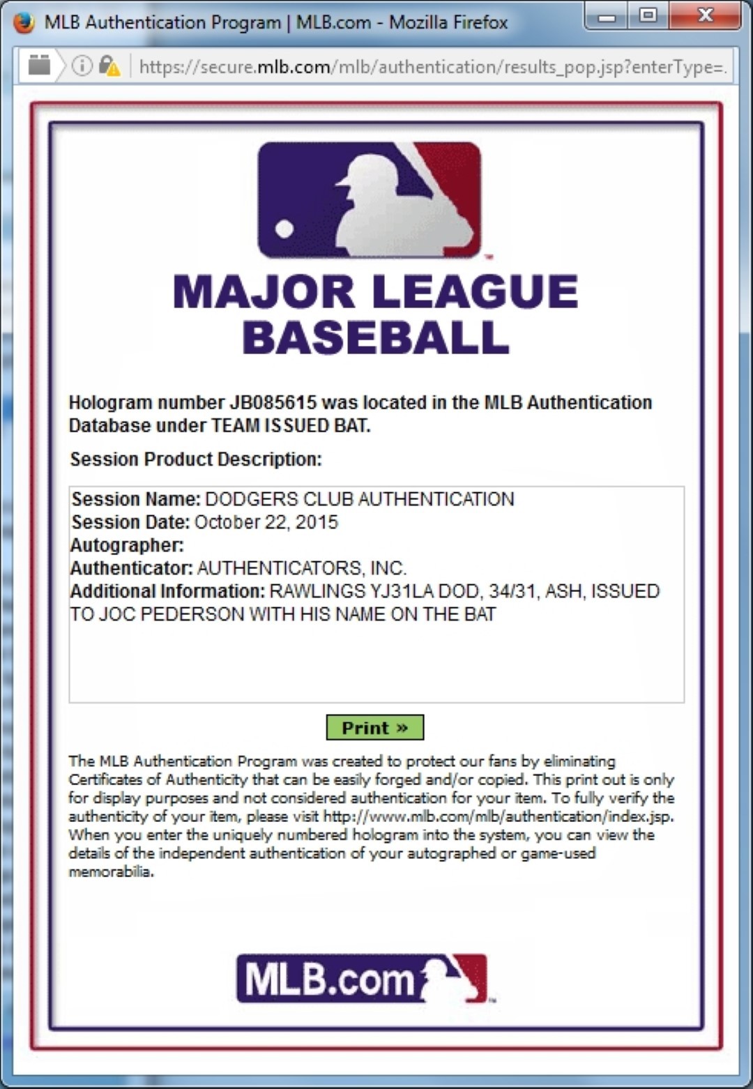 Joc Pederson Official Major League Team Issued Baseball Bat Dodgers Shows USE 15