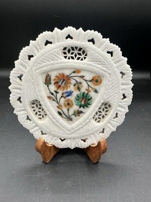 Marble Inlay Round Plate Jali Work Pietra Dura Handmade Decorative Gift  