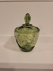 Vintage Green Pressed Glass Sugar Bowl with Lid - Starburst Pattern