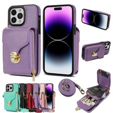For iPhone 17 Pro Max Air 16E 15 16 14 13 Zip Wallet Leather Cover Lanyard Case 