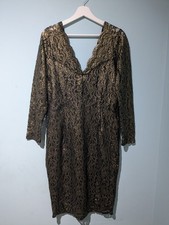 Next Ladies Gold/Black Lace Stretchy Bodycon Deep V-Neck Party Dress, Size 16